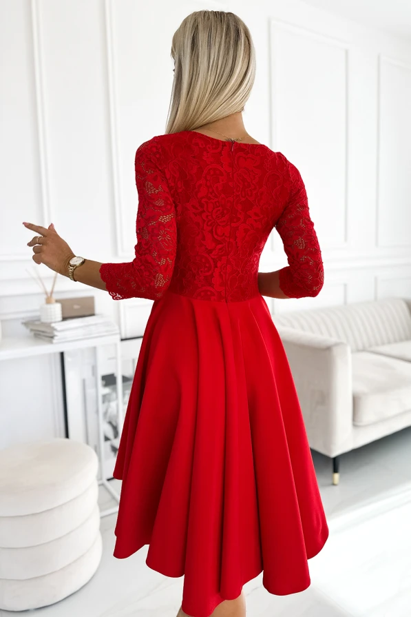 210-16 NICOLLE rochie cu decolteu din dantelă și spate prelungit - roșie