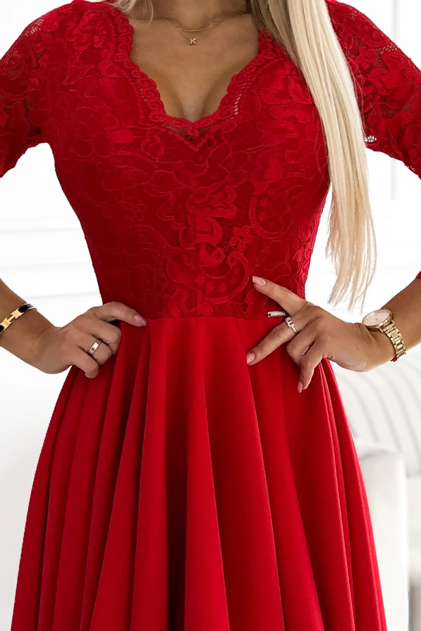210-16 NICOLLE rochie cu decolteu din dantelă și spate prelungit - roșie