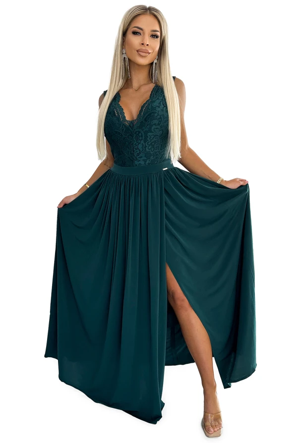 211-6 LEA rochie lungă cu decolteu din dantelă - VERDE STICLĂ