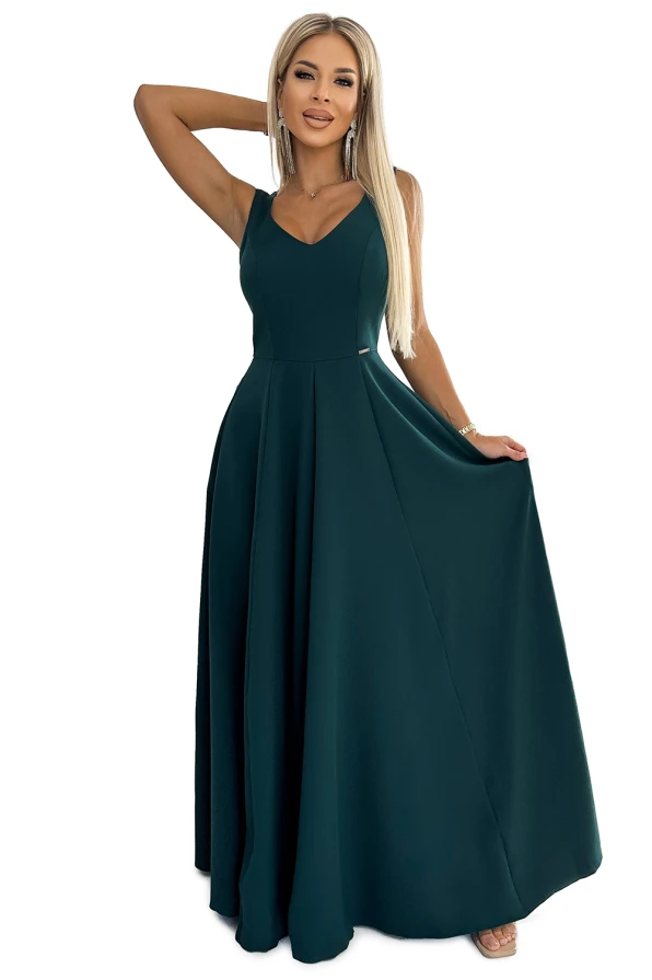 246-5 CINDY rochie lungă elegantă cu decolteu - VERDE