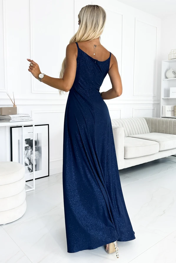 299-10 CHIARA rochie maxi elegantă pe umeri - ALBASTRU CU SCLIPICI