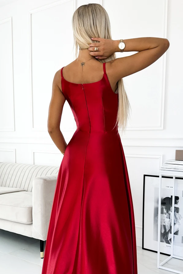 299-14 CHIARA rochie lungă elegantă de satin pe umeri - ROȘIE