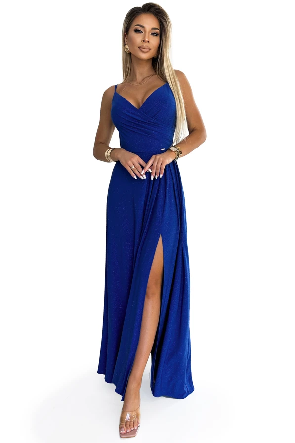 299-17 CHIARA rochie maxi elegantă pe umeri - albastru cu sclipici
