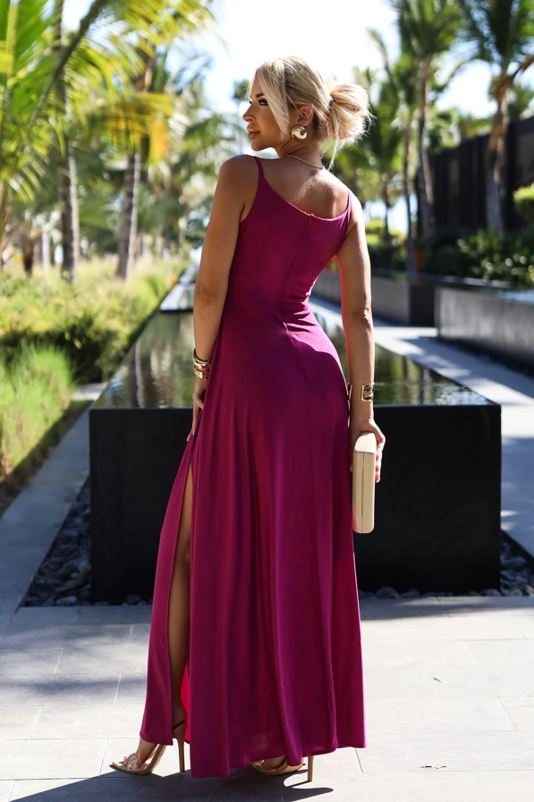 299-19 CHIARA rochie maxi lunga eleganta cu bretele - fucsia cu sclipici