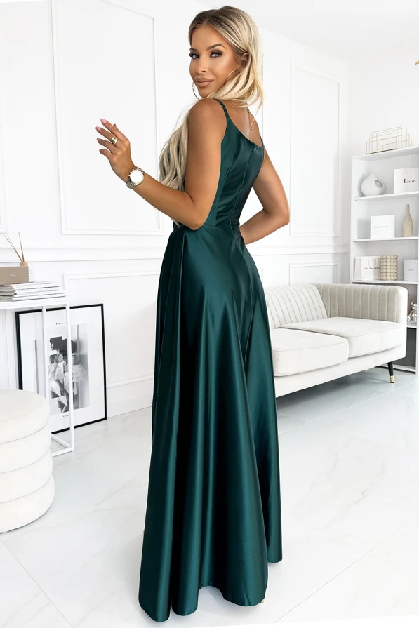 299-9 CHIARA rochie lungă maxi elegantă din satin, cu bretele - VERDE STICLĂ