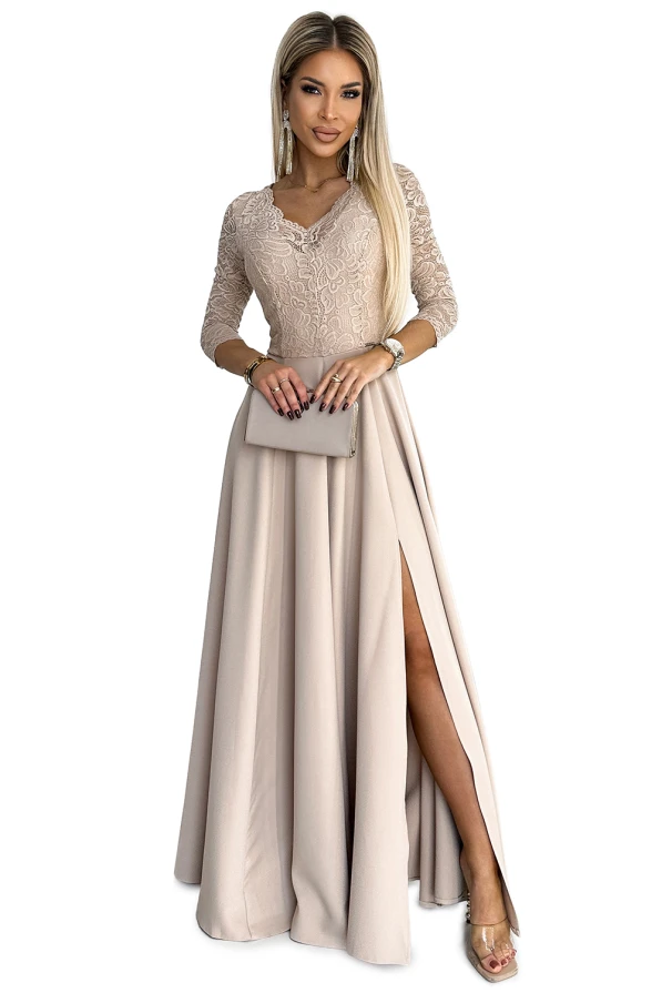 309-10 AMBER rochie lungă elegantă din dantelă cu decolteu și slit pe picior - BEJ