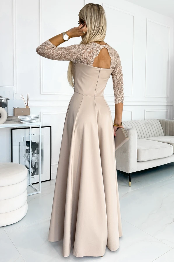 309-10 AMBER rochie lungă elegantă din dantelă cu decolteu și slit pe picior - BEJ