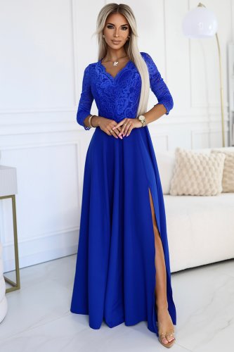 309-12 AMBER rochie lungă elegantă din dantelă cu decolteu - ALBASTRU REGAL}