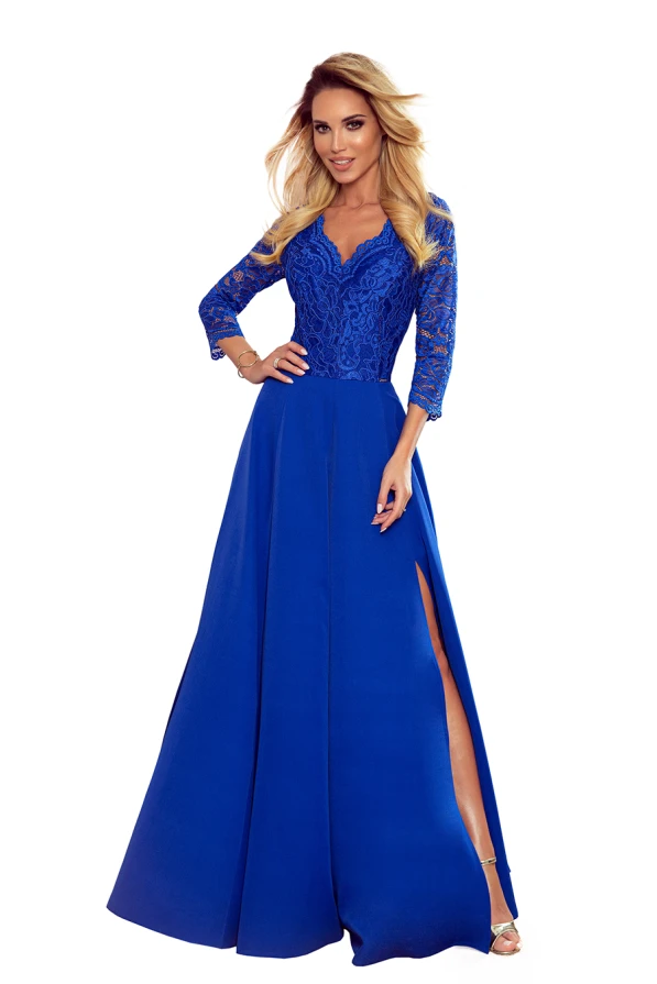 309-2 AMBER rochie lungă elegantă din dantelă cu decolteu - ALBASTRU REGAL