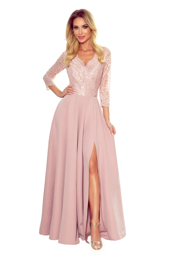 309-4 AMBER rochie lungă elegantă din dantelă cu decolteu - ROZ PUDRĂ