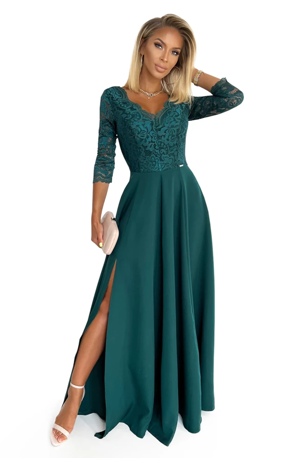 309-5 AMBER rochie lungă elegantă din dantelă cu decolteu - VERDE STICLĂ