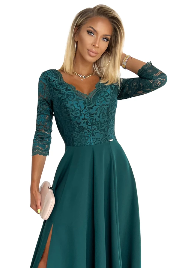 309-5 AMBER rochie lungă elegantă din dantelă cu decolteu - VERDE STICLĂ