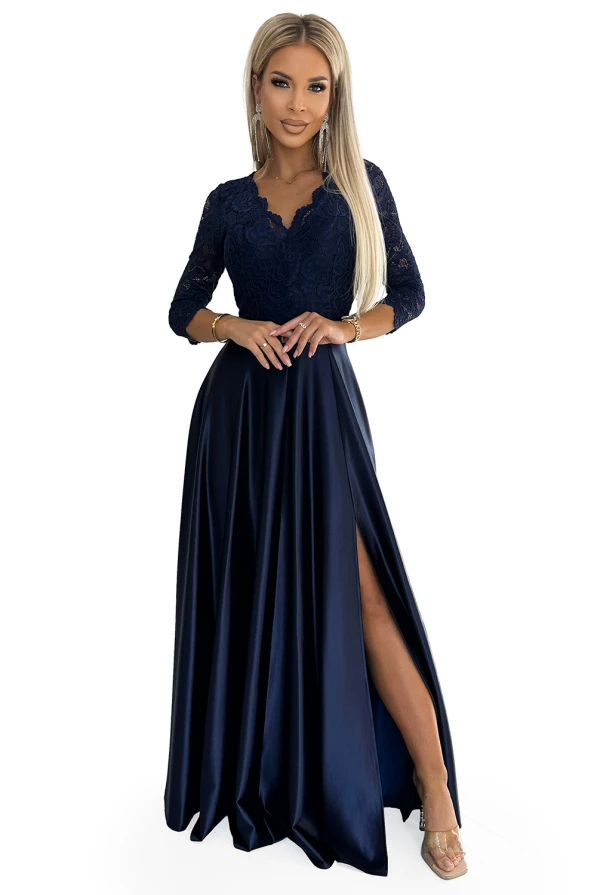 309-7 AMBER rochie lungă din SATIN cu dantelă și decolteu - în culoare NAVY
