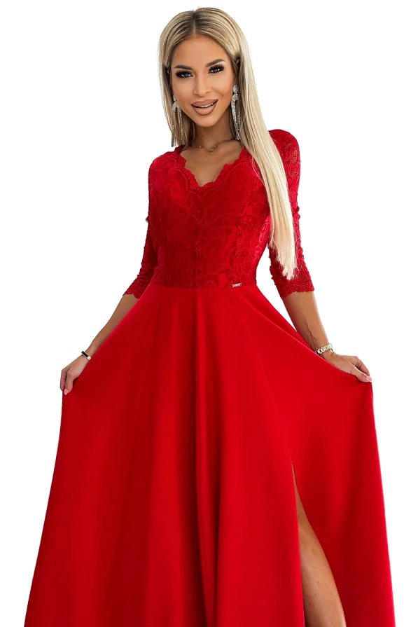 309-8 AMBER rochie lungă elegantă din dantelă cu decolteu și slit pe picior - ROȘIE