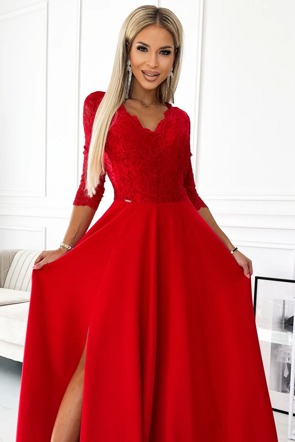 309-8 AMBER rochie lungă elegantă din dantelă cu decolteu și slit pe picior - ROȘIE