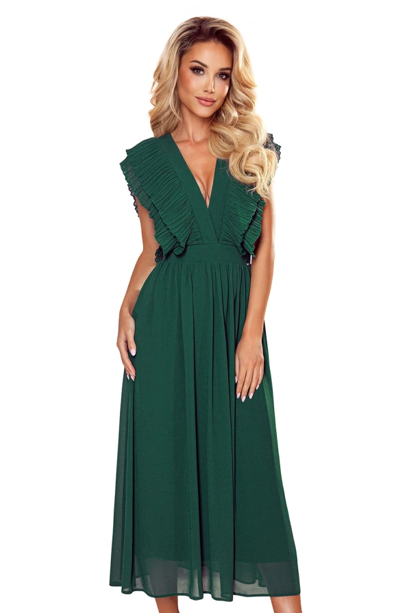 367-1 YANA Rochie MIDI cu pliseuri și decolteu - VERDE STICLĂ