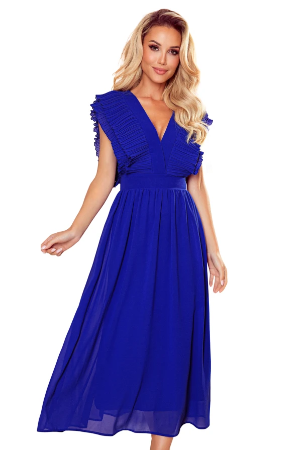 367-2 YANA Rochie MIDI cu pliseuri și decolteu - ALBASTRU COBALT