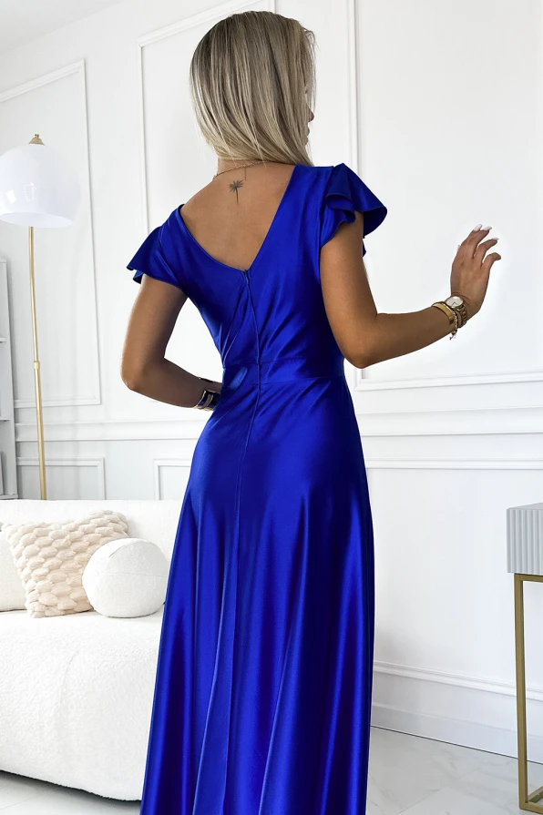 411-11 CRYSTAL rochie lungă satinată cu decolteu - albastru