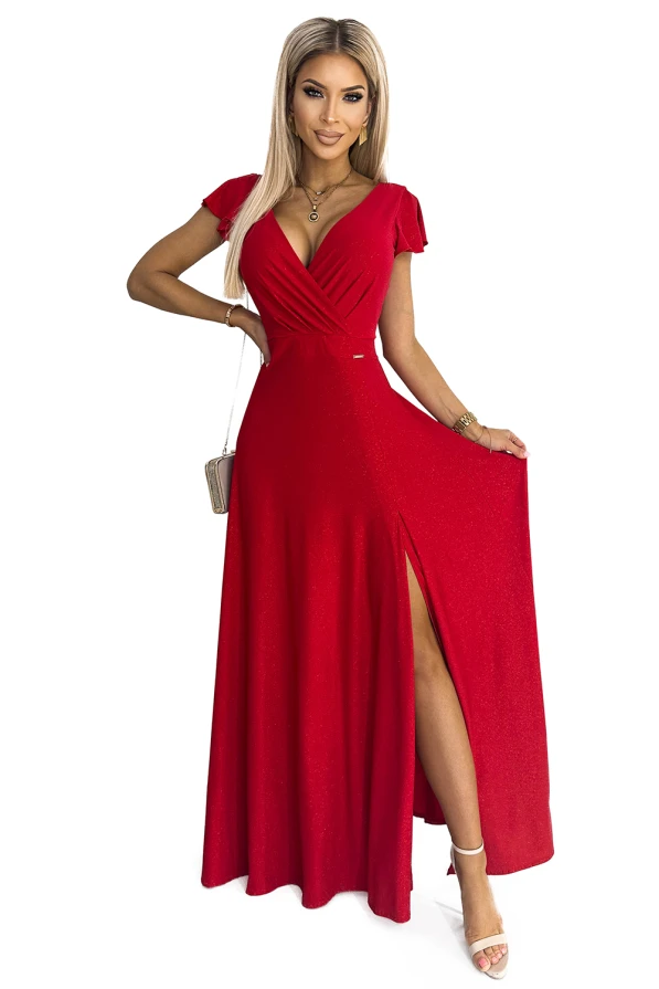 411-2 CRYSTAL rochie lungă strălucitoare cu decolteu - ROȘIE