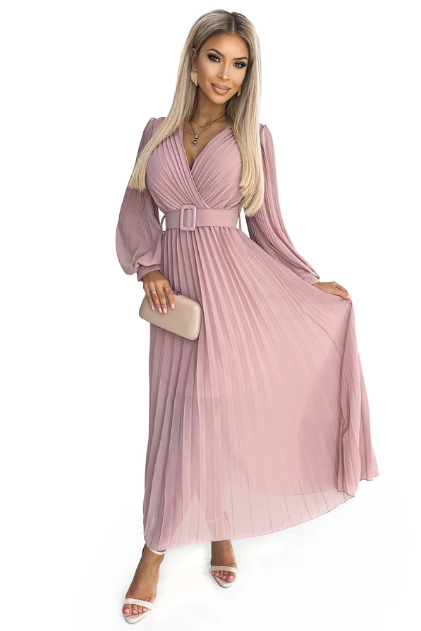 414-2 KLARA rochie plisată cu centură și decolteu - ROZ PUDRĂ