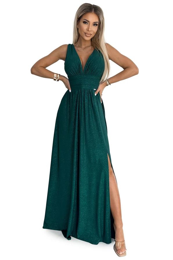 490-3 SUSAN Rochie lunga din brocart cu decolteu si cusaturi in talie - verde