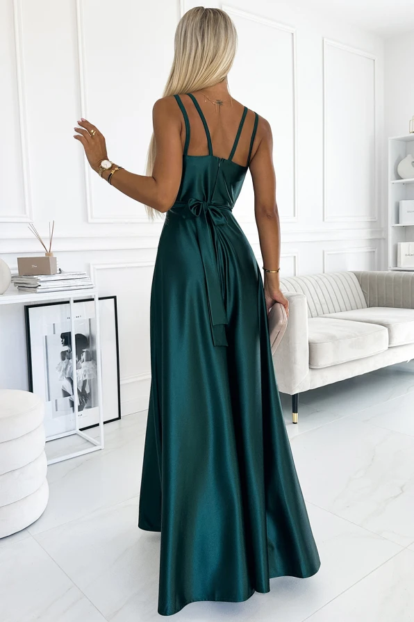 498-3 Rochie lungă de satin cu decolteu și bretele duble - VERDE