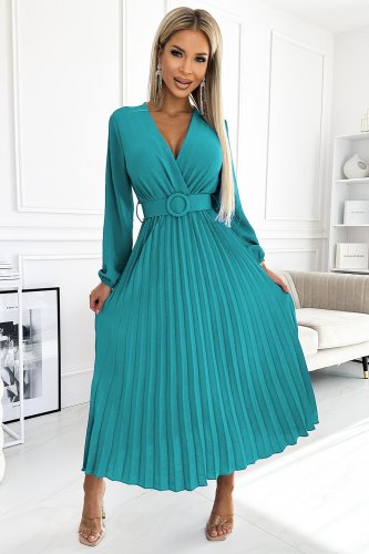 504-6 VIVIANA Rochie midi plisată cu decolteu, mânecă lungă și cordon lat - culoarea mării}