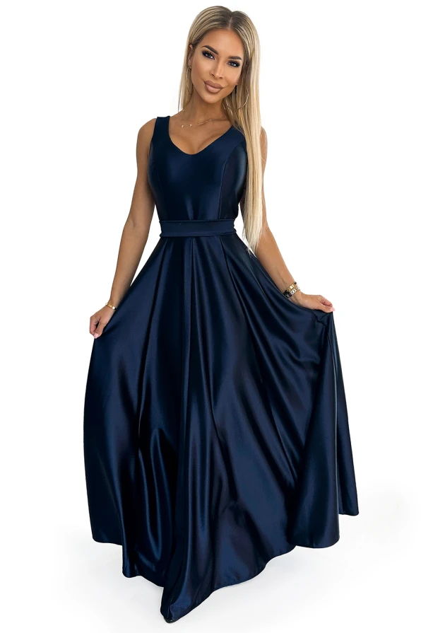 508-1 CINDY rochie lungă de satin cu decolteu și fundă - ALBASTRU MARIN