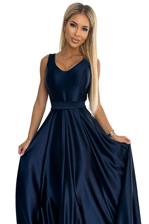 508-1 CINDY rochie lungă de satin cu decolteu și fundă - ALBASTRU MARIN