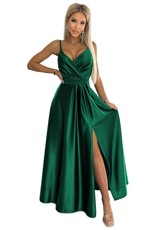 512-1 JULIET rochie lungă elegantă de satin cu decolteu - VERDE STICLĂ