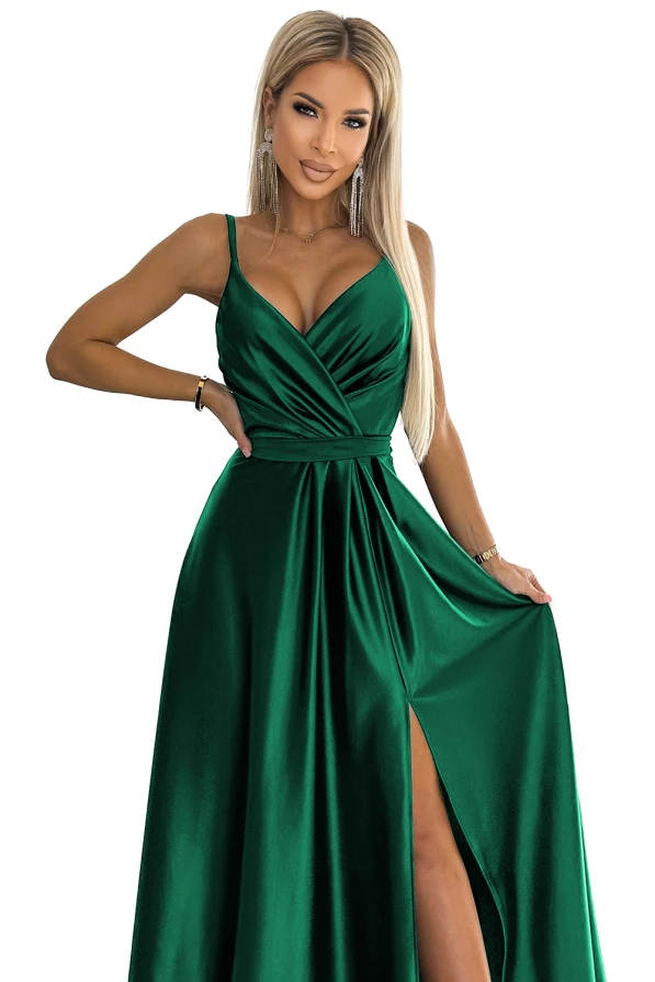 512-1 JULIET rochie lungă elegantă de satin cu decolteu - VERDE STICLĂ