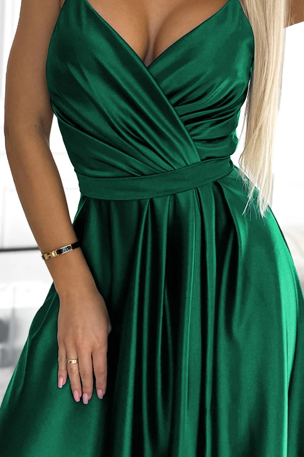 512-1 JULIET rochie lungă elegantă de satin cu decolteu - VERDE STICLĂ