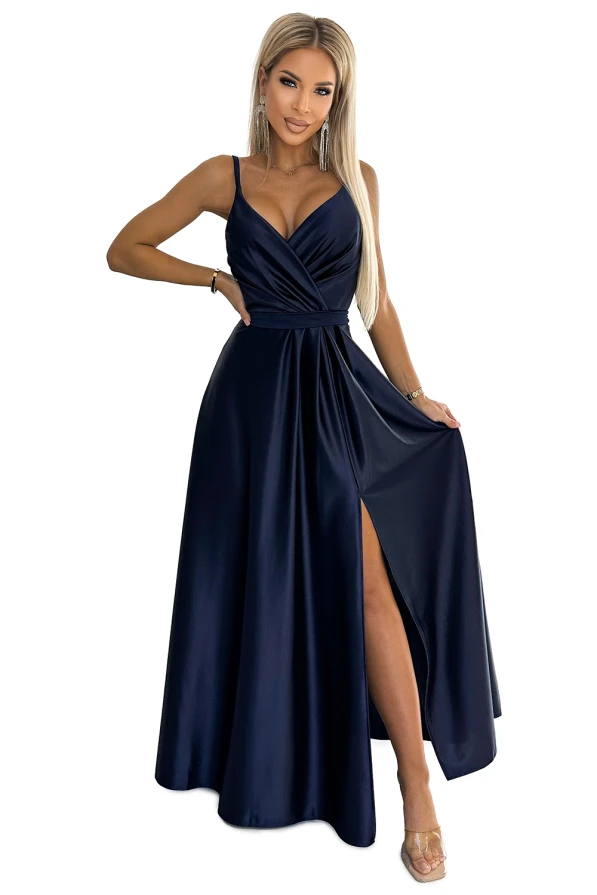 512-2 JULIET rochie lungă elegantă de satin cu decolteu - ALBASTRU MARIN