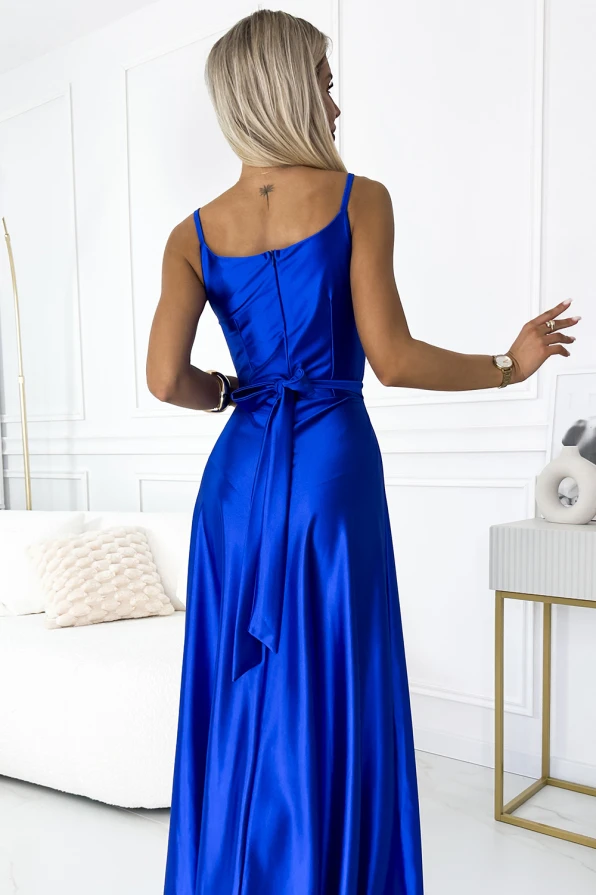 512-4 JULIET rochie lungă elegantă de satin cu decolteu și slit pe picior - ALBASTRU COBALT