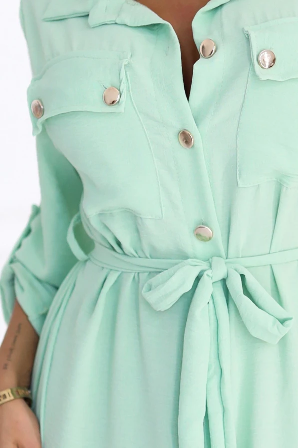 531-4 Rochie midi cu nasturi aurii și cravată - Verde mentă deschis