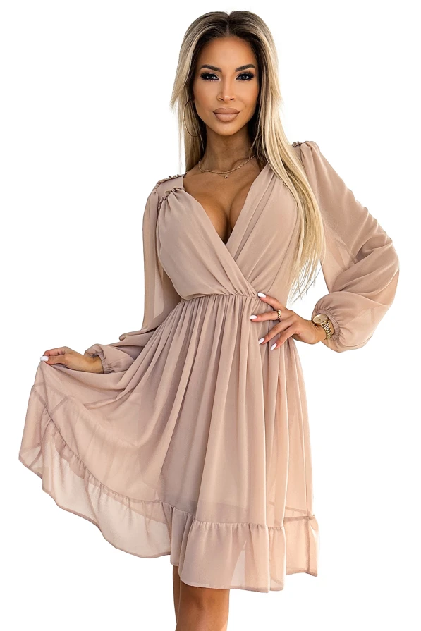 538-1 MILA Rochie midi din sifon cu maneci lungi si decolteu - culoare bej