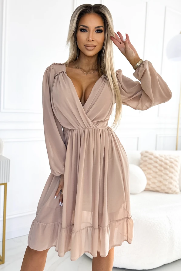 538-1 MILA Rochie midi din sifon cu maneci lungi si decolteu - culoare bej