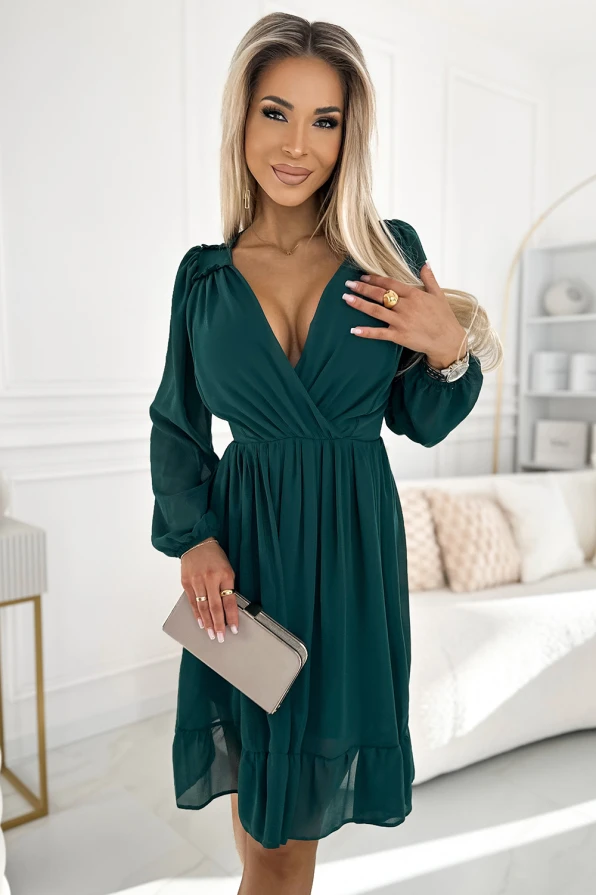 MILA Rochie midi din sifon cu maneci lungi si decolteu - verde